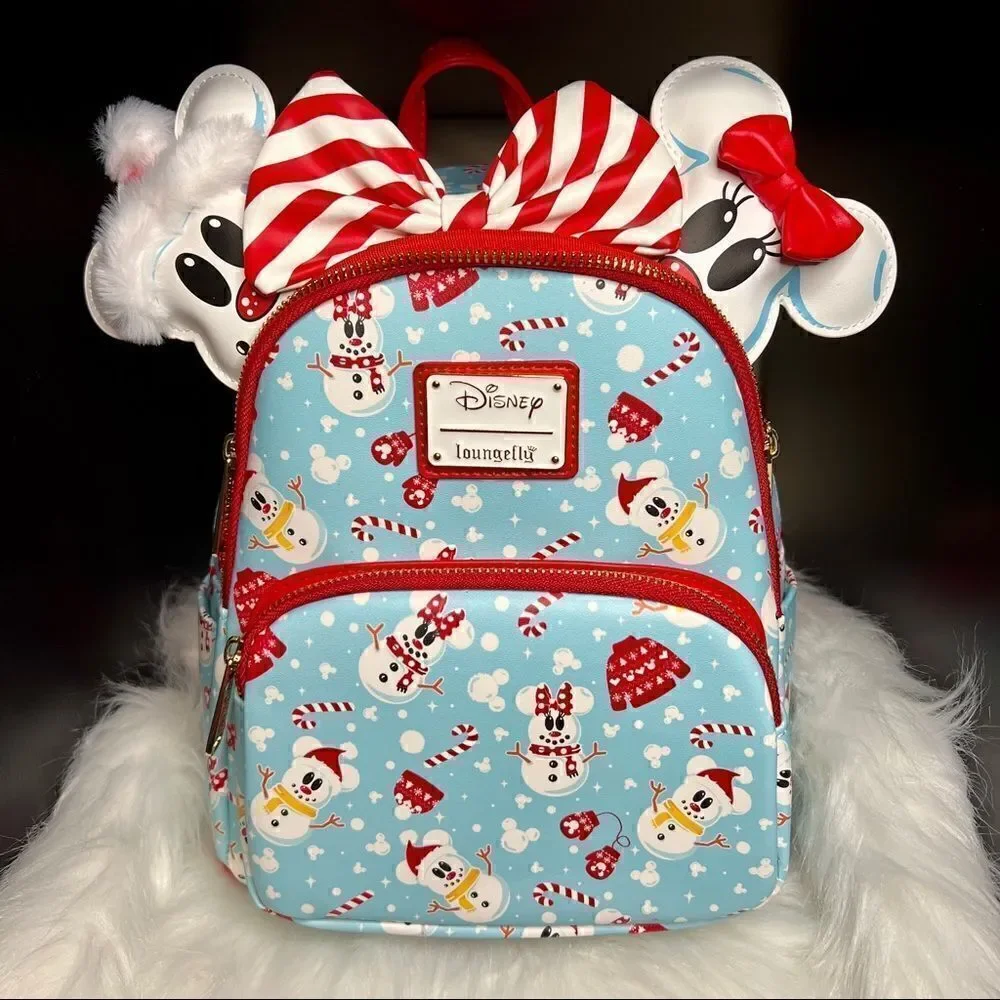 Snowman Mickey & Minnie Mouse Mini Backpack with Ears Headband & Wallet NWT